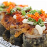 Lakeway Roll · deep fried spicy tuna roll, baked spicy scallop on top, mayo, masago, green onion