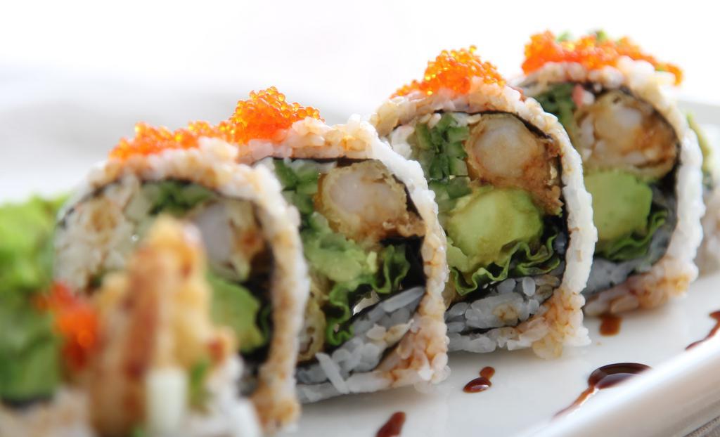 Kanpai Roll · shrimp tempura, imitation crab meat, avocado, cucumber, lettuce, tobiko, eel sauce