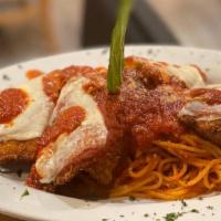 Chicken Parmigiana Pasta · Breaded chicken breast, covered with zesty tomato sauce and mozzarella cheese, baked to perf...