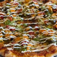 Taco Pizza · Seasoned ground beef, cheddar cheese, lettuce, tomatoes, jalapenos, doritos and drizzled wit...