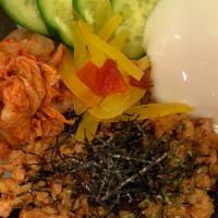 Spicy Ground Chicken Rice Bowl With Onsen Egg · Ground Chicken cooked in Spicy Miso Sauce, Japanese Cucumber, Kimchi, Pickled Vegetable, Ons...
