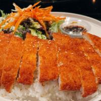 Chicken Katsu Rice · Golden Deep Fried Breaded Chicken. Served with rice, miso soup, and mixed green salad.