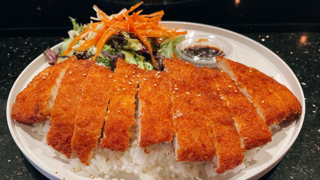Chicken Katsu Rice · Golden Deep Fried Breaded Chicken. Served with rice, miso soup, and mixed green salad.