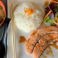 Salmon Teriyaki · Served with Rice, Miso Soup and Mixed Green Salad