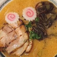 Miso Ramen · Tonkotsu (Pork) Broth with Miso Based Noodle Soup Topped with 2 Pieces of Chashu (Braised Po...