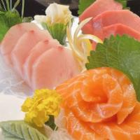 Sashimi Meal Set (12 Pcs) · 12 pieces of Salmon, Ono (White Tuna), and Yellowtail Served with Miso Soup, Salad, and Stea...