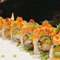 Kiseki Roll · Shrimp Tempura, Avocado, and Cucumber Topped with Spicy Crab Salad, Unagi Sauce, Spicy Mayo,...