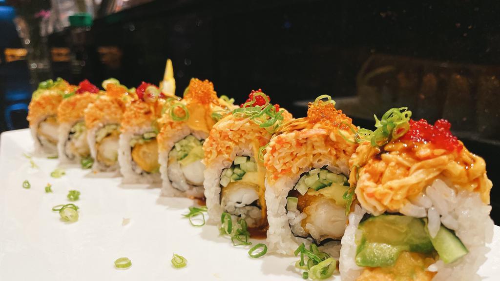 Kiseki Roll · Shrimp Tempura, Avocado, and Cucumber Topped with Spicy Crab Salad, Unagi Sauce, Spicy Mayo, Tobiko