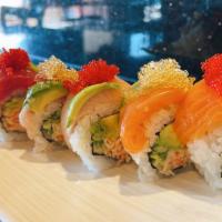 Rainbow · California Roll Topped with Assorted Fish, Avocado, Tobiko.