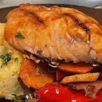 Fresh Grilled Salmon / Mashed Potatoes / Root Veggies · Hand cut fresh grilled Atlantic salmon with lemon dill butter,  freshly made creamy mashed p...
