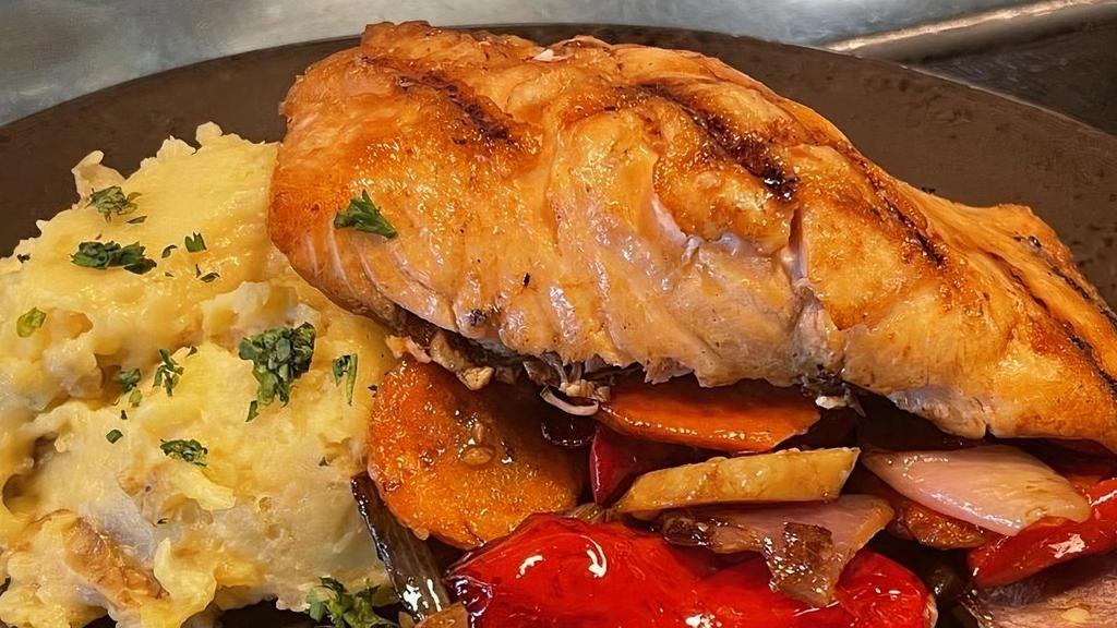 Fresh Grilled Salmon / Mashed Potatoes / Root Veggies · Hand cut fresh grilled Atlantic salmon with lemon dill butter,  freshly made creamy mashed potatoes and roasted root vegetables