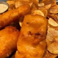 Fish (3) N Chips Fresh Atlantic Cod / Sliced Potato Chips · Crispy beer battered fresh Atlantic cod fried golden  brown and served with house made tater...