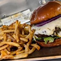 The Great American Burger W/ Rosemary Truffle Fries · A half pound of fresh, never frozen, Angus ground  chuck, choice of cheese (pepper jack, Swi...