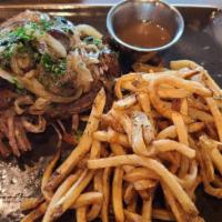 Open Faced Beef Melt W/ Rosemary Truffle Fries · Slow smoked brisket, caramelized onions, sautéed mushrooms,  Swiss cheese on toasted Texas t...