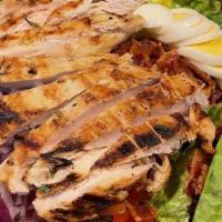 Cobb Salad · A blend of fresh cut romaine, arugula,  and red leaf lettuce, red onion, applewood smoked ba...