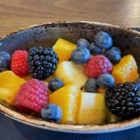 Fruit Cup - Side · Bowl of fresh apple, orange, raspberry and blackberries