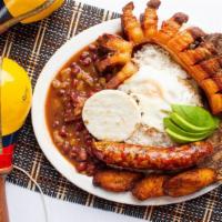 Bandeja Paisa (Traditional Colombian Platter) · Colombian combination platter served with steak, chicken, Colombian chorizo, chicharron, ric...