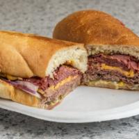 Beefstrami Sandwich · Roast beef, pastrami, Cheddar, pickles, onions, mayonnaise and mustard on a subroll. Served ...