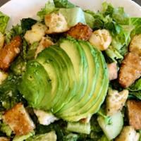 Avo Caesar Salad · Chopped romaine, sliced avocado, croutons, chopped cucumber, house caesar dressing on side