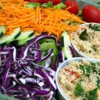 Greens & Proteins · Kale or spinach base and chickpea salad or quinoa salad, with shredded carrots, cabbage, cuc...