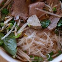 Beef Pho · Beef broth with a combination of Angus rare steak, brisket, and meatballs (or any three cuts...
