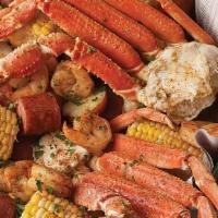 Crab & Shrimp Tray · Two snow crabs,10 shrimp, one sausage, corn (seasonal), egg, potatoes.