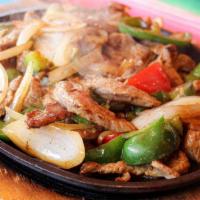 Fajitas Chicken,Beef Or Mix · Tender sliced beef, chicken or mix cooked w/bell peppers, onions, tomatoes, 
order lettuce t...