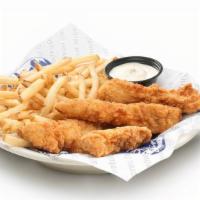 Chicken Tenders Basket · Fresh chicken strips with french fries and choice of dippings sauce.