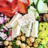 Classic Greek Salad · Cucumber, tomato, red onion, feta cheese, chickpeas, kalamata olives and pepperoncini served...
