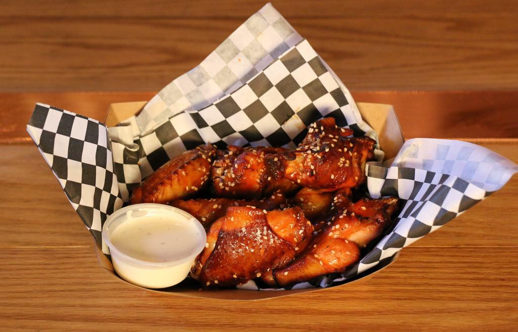 Cold Smoked Wings · 8 ex bourbon barrel stave smoked wings served dry or tossed in buffalo with your choice of sauce on the side BBQ, honey mustard, buffalo, blue cheese, or ranch.