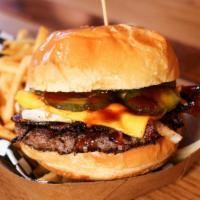 Bbq Bacon Burger · Half pound of ground beef on a brioche bun with grilled onions bacon cheddar cheese pickles ...
