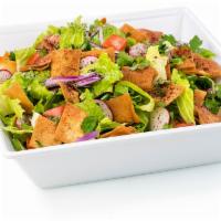 Fattoush Salad · Vegetarian. Lettuce, tomatoes, onions, cucumbers, parsley, sumag, pita chips.
