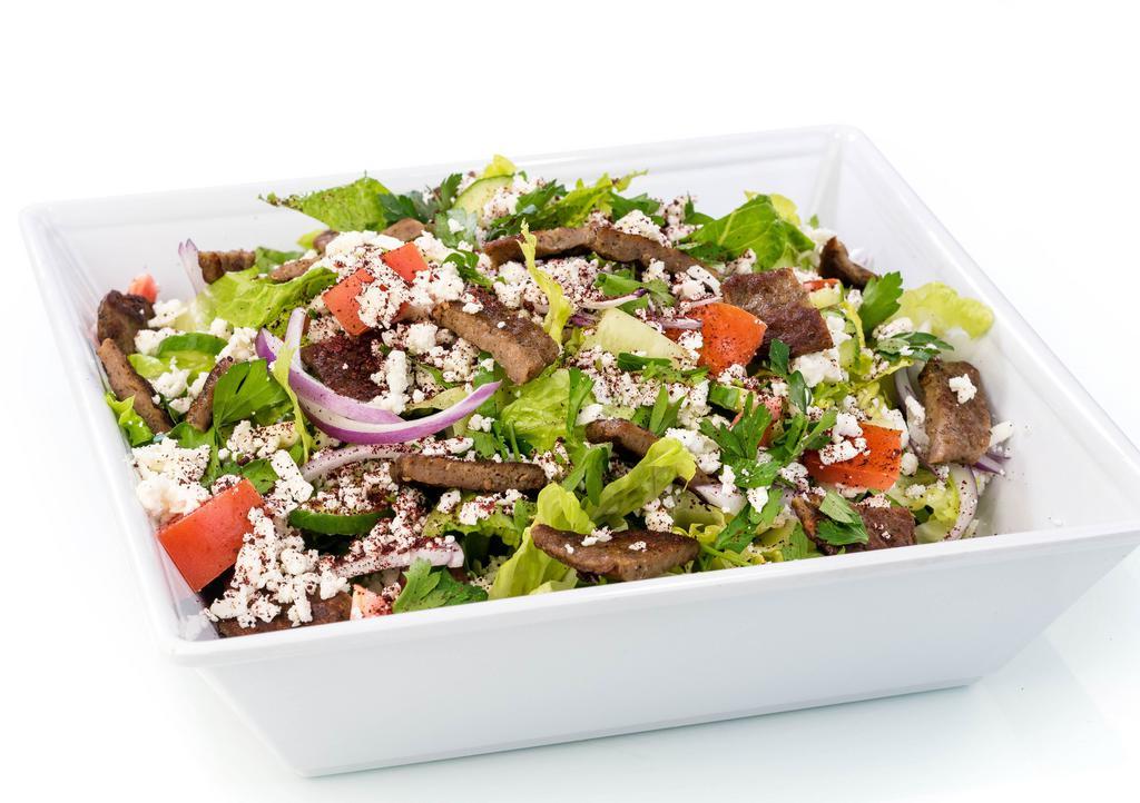Gyro Salad · Gyro, lettuce, tomatoes, onions, cucumbers, parsley, sumag, Greek Feta cheese.