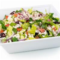 Greek Salad · Vegetarian. Lettuce, tomatoes, onions, cucumbers, parsley, sumag, Greek Feta cheese, kalamat...