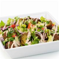 Falafel Salad · Vegetarian. Falafels, lettuce, tomatoes, onions, cucumbers, tahini sauce, parsley, sumag.