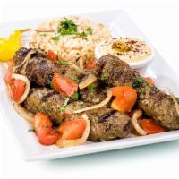 Kafta Kabob · Our top shelf ground beef with onions and parsley.