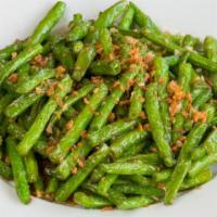 V2 Bkk Green Beans · Stir-fried green beans and fresh garlic, served with white rice.
