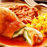 Chile Relleno · Green chile that has been breaded, stuffed with cheese, rolled in flour and beaten egg, and ...