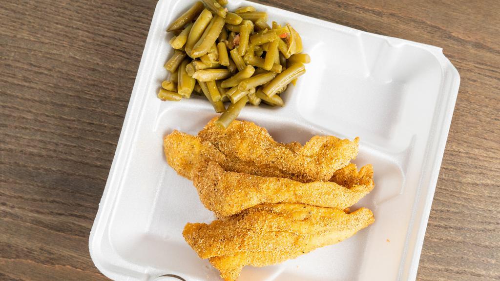 Southern Style Catfish Fillet · 3 pieces of hand-breaded Catfish fillets with choice of 1 reg. side.