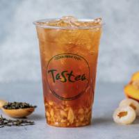 Lychee Peachee · Peach black tea with diced lychee. Made with fair trade tea leaves.