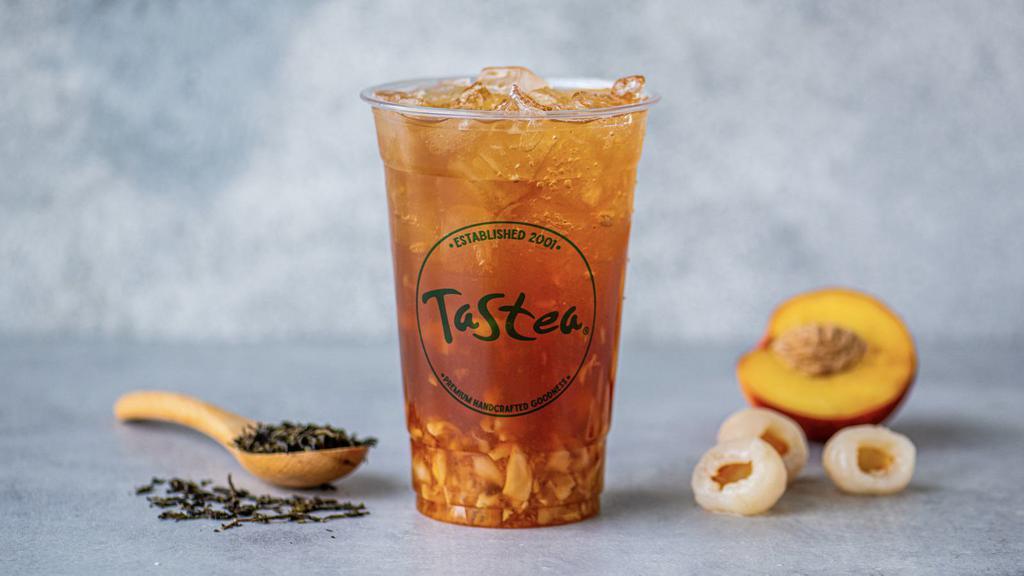 Lychee Peachee · Peach black tea with diced lychee. Made with fair trade tea leaves.