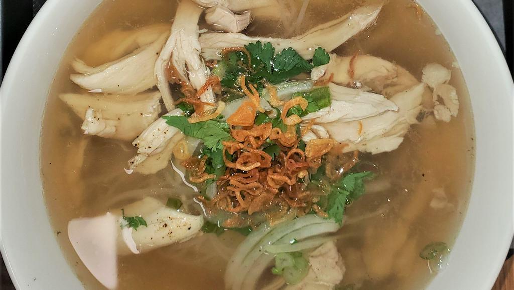 Pho Chicken (Organic Chicken) · Vietnamese chicken noodle soup. Organic chicken, rice noodle and broth. Serve along side of bean sprouts, thai basil, lime and hoisin sauce.