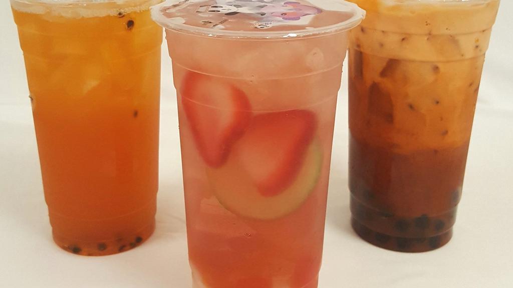 Strawberry Sakura Tea · Strawberry syrup and Sakura green tea, very refreshing tea drink. This drink pairs well with rainbow jelly topping.
