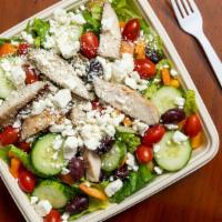 Greek Salad · Fresh greens with bell pepper, red onion, feta cheese, and olives.