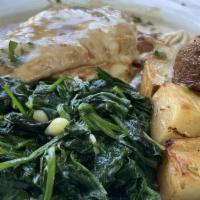 Veal Saltimbocca · prosciutto, fontina cheese, sauteed spinach, rosemary red roasted potatoes, sage brown sauce