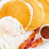 Pancake Plate · Three pancakes and two eggs. Bacon, ham, bistec, sausage, chicken fajita, beef fajita for ad...