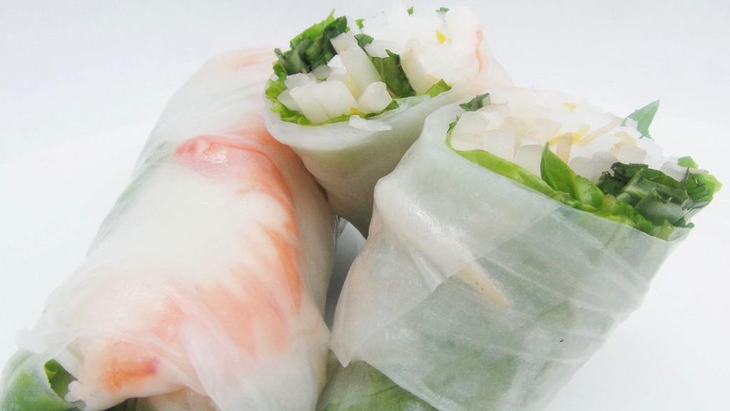 Nime Chow · Gluten-Free. Two pieces. Fresh roll wrapped with steamed rice noodle, shrimp, Thai basil, beansprout and lettuce.