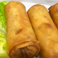 Vegetable Spring Roll · Three pieces. Fried vegetable roll wrapped with bean vermicelli noodle, cabbage, onion and c...