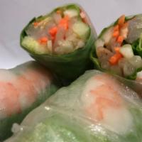Summer Roll · Gluten-Free. Two pieces. Fresh roll wrapped with lettuce, bean sprout, basil, carrot, cucumb...