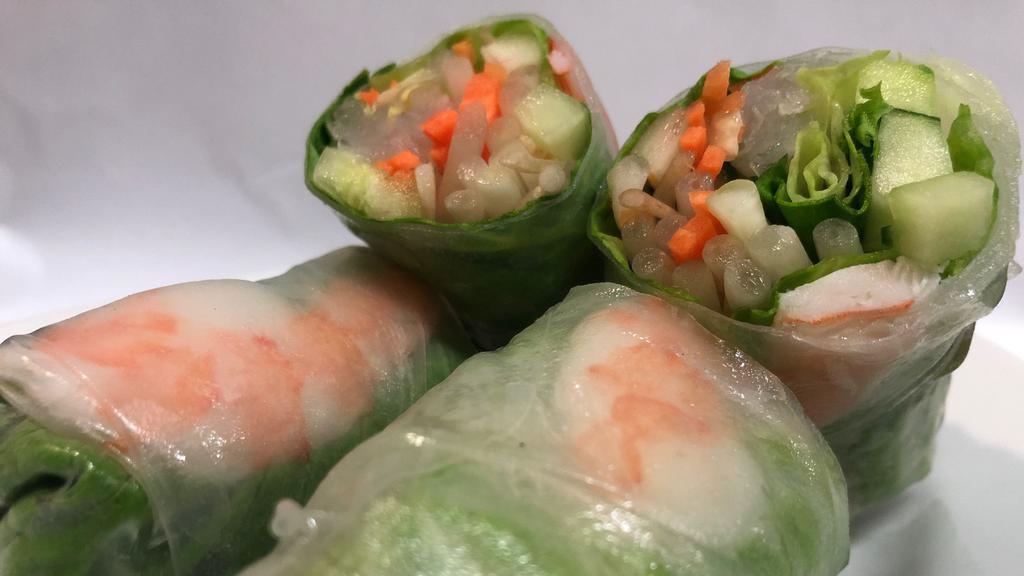 Summer Roll · Gluten-Free. Two pieces. Fresh roll wrapped with lettuce, bean sprout, basil, carrot, cucumber and shrimp.